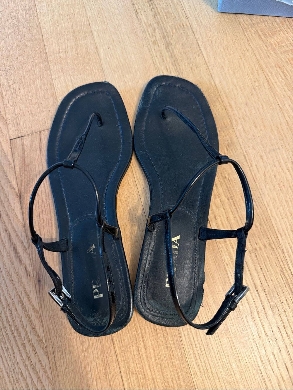 Prada Black Patent Leather T-Strap Flat Sandals Size 37 w/ Box